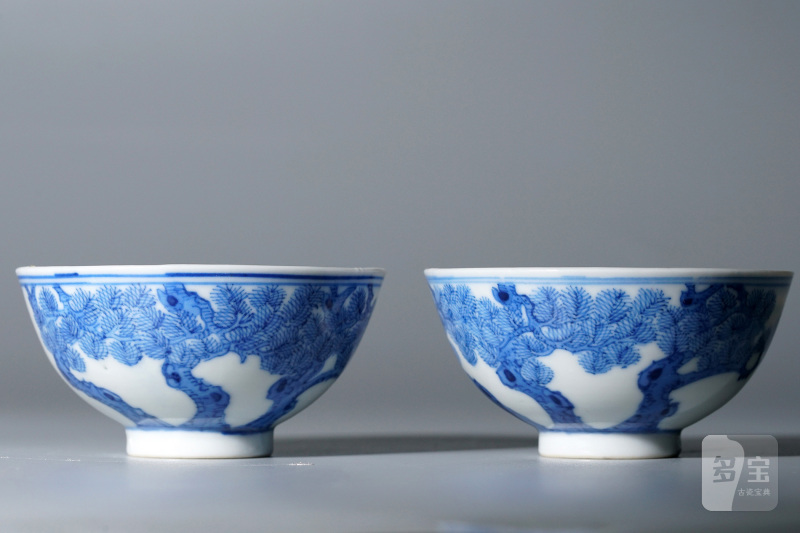 清光绪 青花虬松图杯一对 - 图2